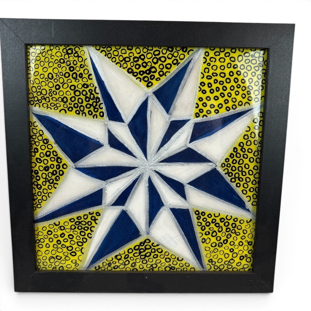Geometric Star Hand Painted Framed Wall Art Navy White Yellow 8x8 Square